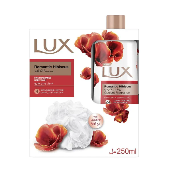 لوكس جل استحمام 250 مل رومانسيه الكركديه مع ليفه